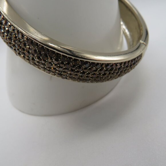 Gold Tone Bracelet Hinged Bangle Black Gilt Rhinestones Encrusted - Picture 2 of 10